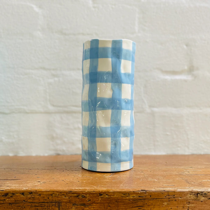 Cornflower blue gingham small vase
