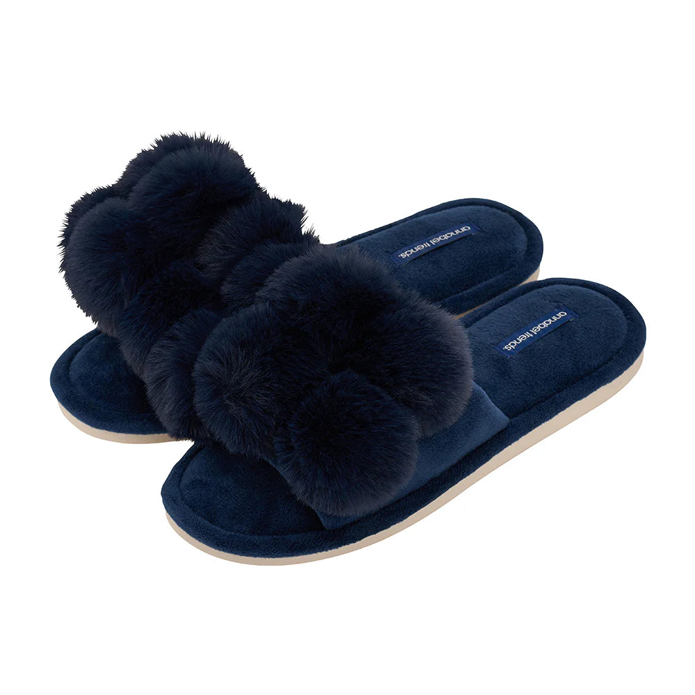 Cosy Luxe Pom Pom Slippers | Navy