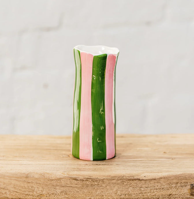 Dark Green & Pink Stripe Vase