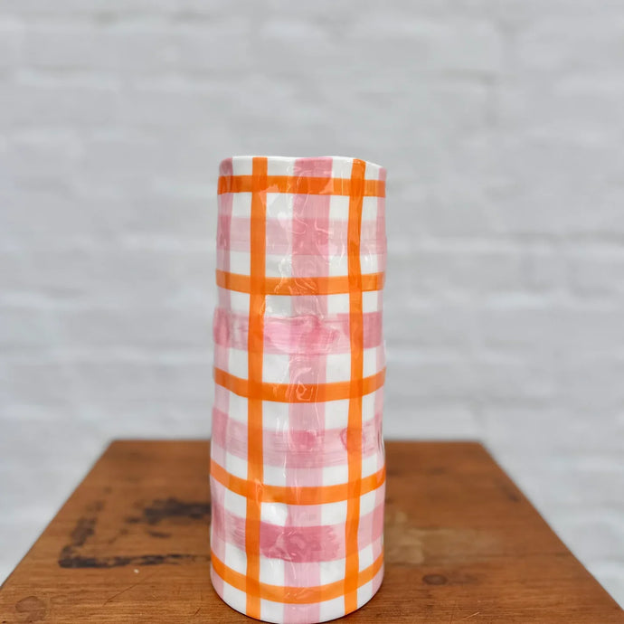 Pink orange gingham vase