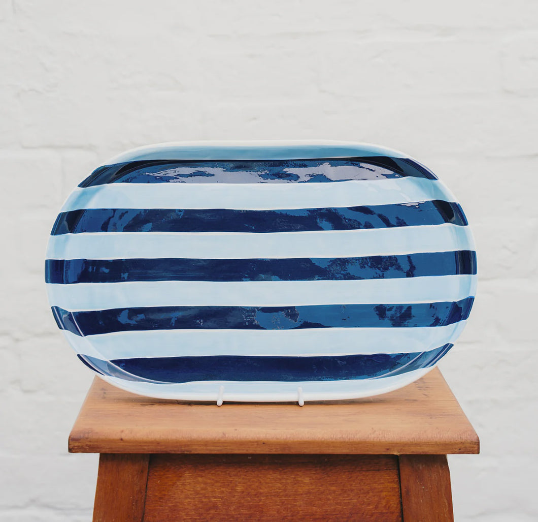 Oval Platter | Navy & Cornflower Blue Stripes