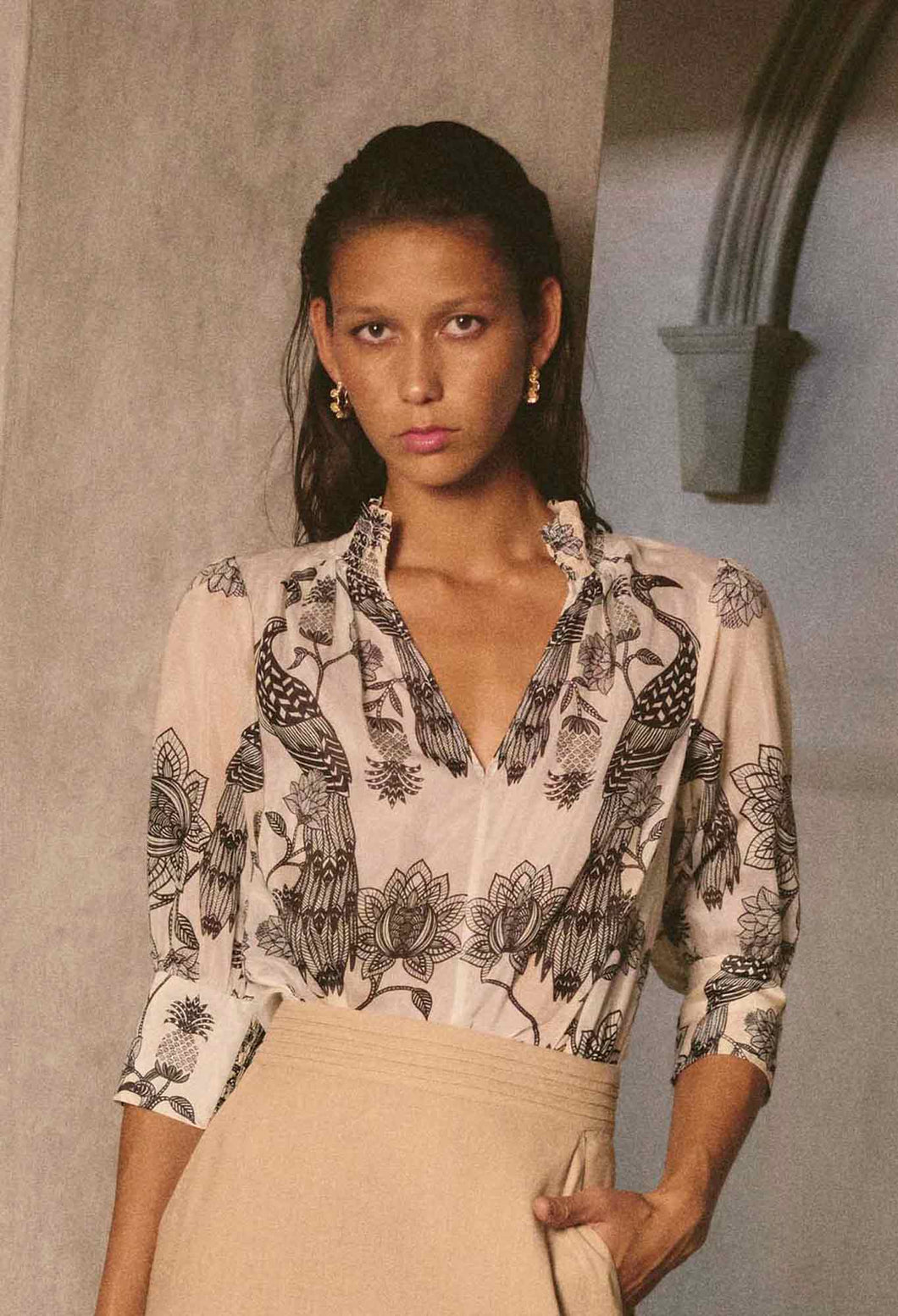Oleander Cotton Silk Shirred Blouse | Imperial Stones