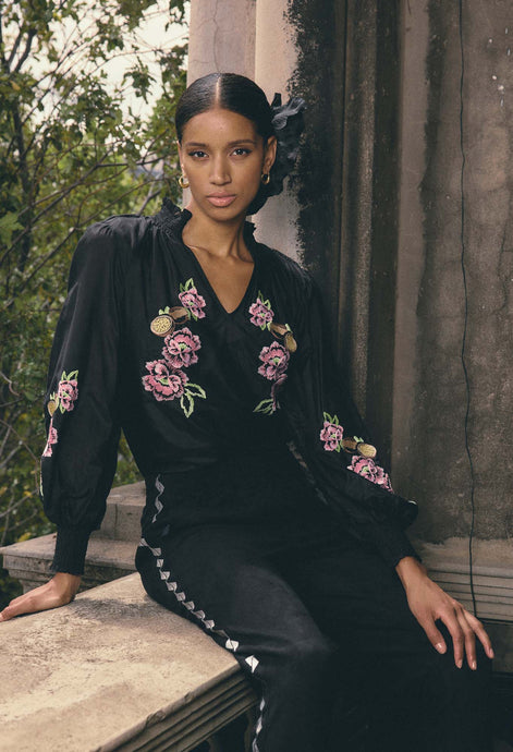 Catalina Cotton Silk Blouse | Black Flores