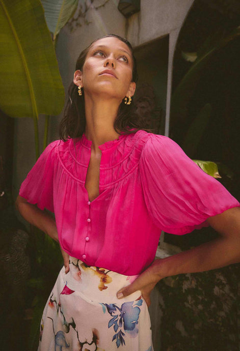 Selini Braided Neck Viscose Chiffon Blouse in Celosia Pink