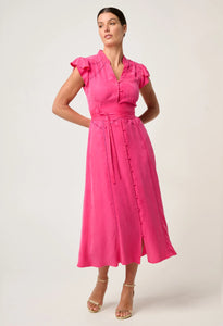 Athena Cupro Viscose Flutter Sleeve Dress in Celosia Pink