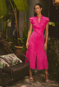 Athena Cupro Viscose Flutter Sleeve Dress in Celosia Pink