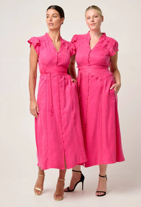Athena Cupro Viscose Flutter Sleeve Dress in Celosia Pink