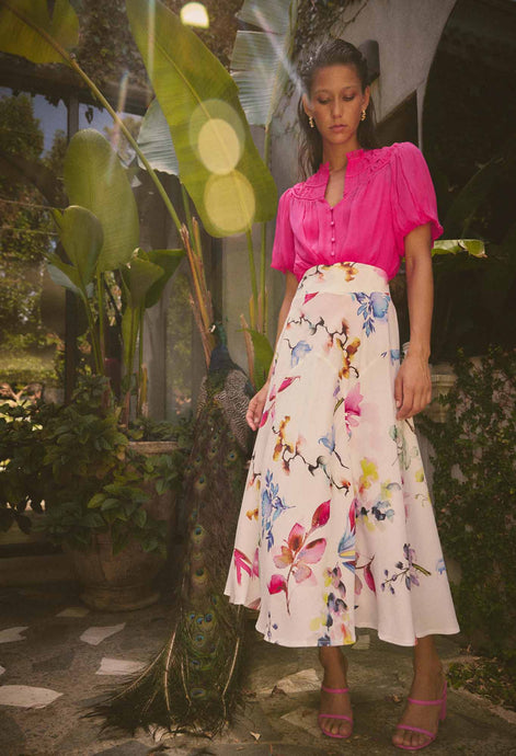 Pandorea Viscose Dobby Yoke Skirt in Plume Blossom