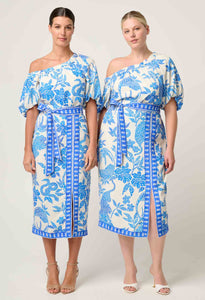 Zenobia Viscose Dobby Midi Skirt in Azure Mosaic