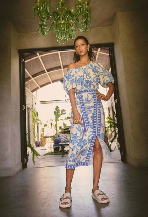 Zenobia Viscose Dobby Midi Skirt in Azure Mosaic
