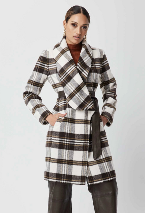 Hutton Wool Blend Shawl Collar Coat With Leather Belt | Chocolate Check